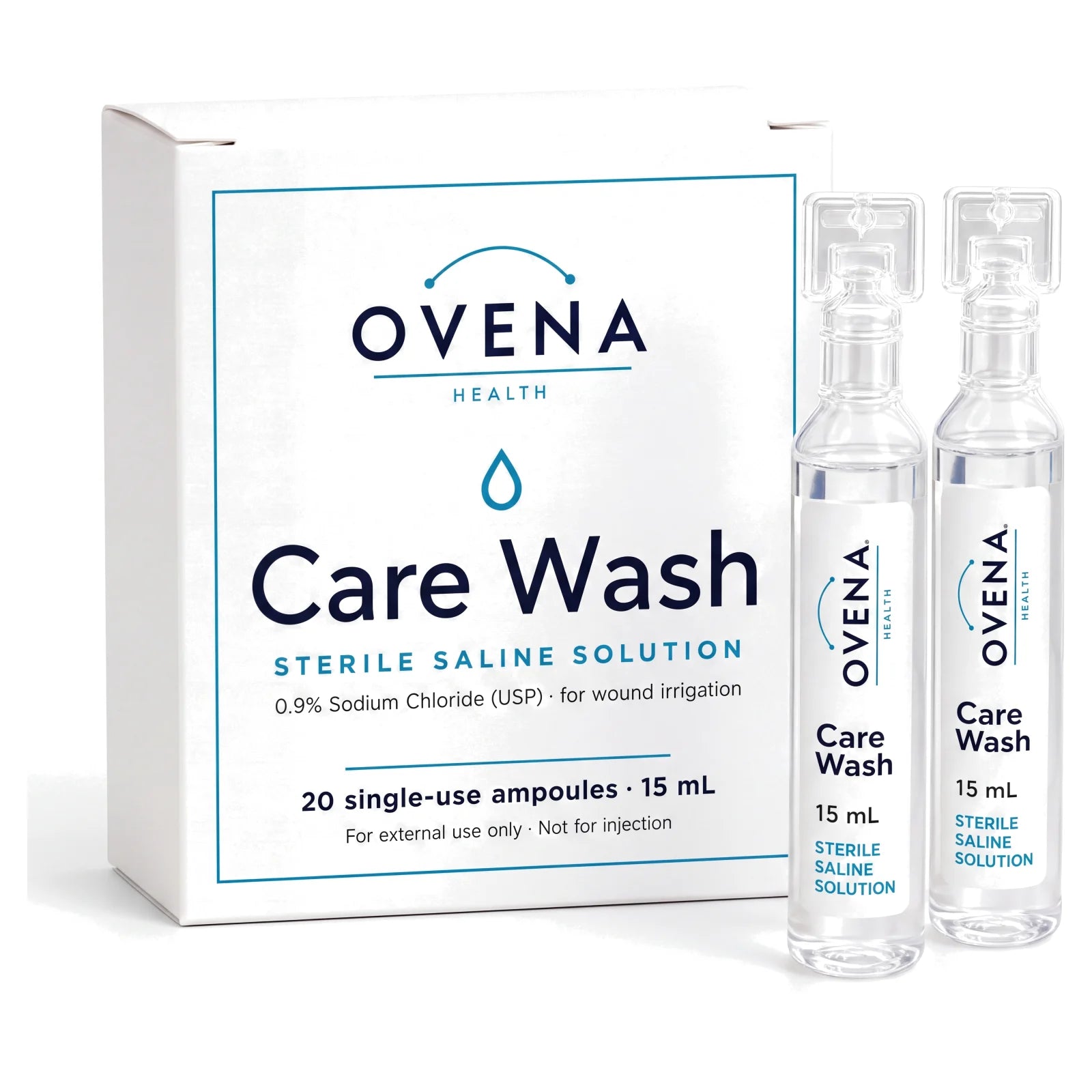 Ovena Health Care Wash carton with two single-use 15 mL sterile saline ampoules.