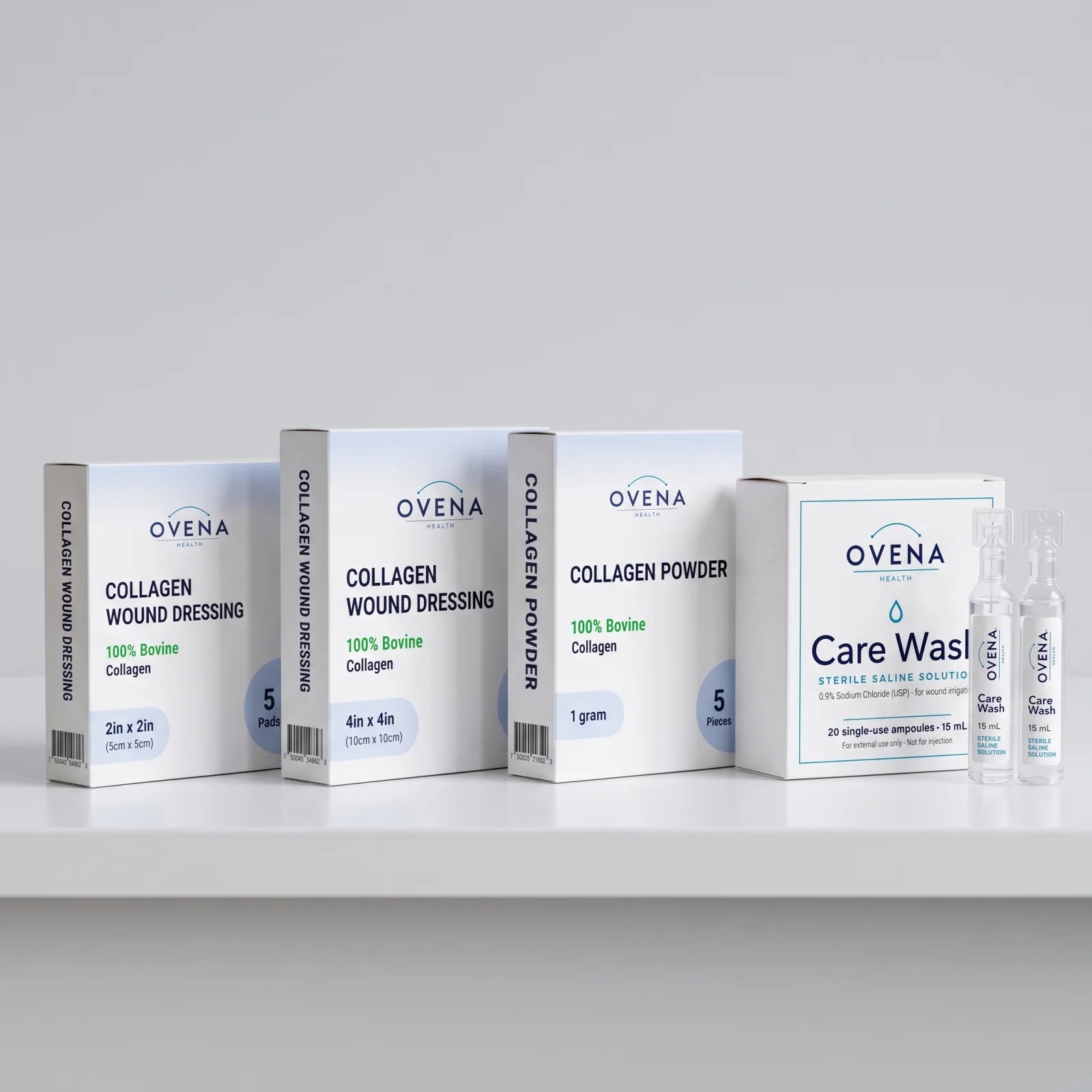 The Ovena collagen line together: Collagen Wound Dressing 2 × 2 in and 4 × 4 in boxes, the Collagen Powder box, and the Care Wash carton with two sterile saline ampoules.