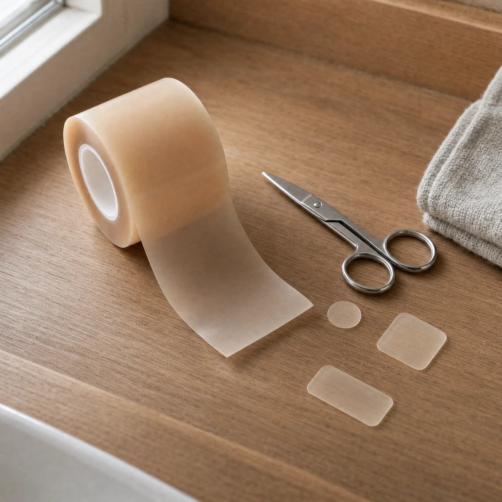 The hydrocolloid roll with nail scissors and three cut pieces on an oak bathroom counter.