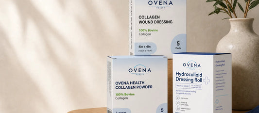 Collagen dressing, powder, and hydrocolloid roll boxes side by side