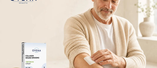 A man applying a collagen dressing pad to his forearm
