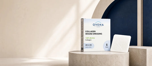 Collagen wound dressing box and pad on a stone pedestal