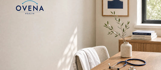 A clinical room scene with bookshelf and warm light