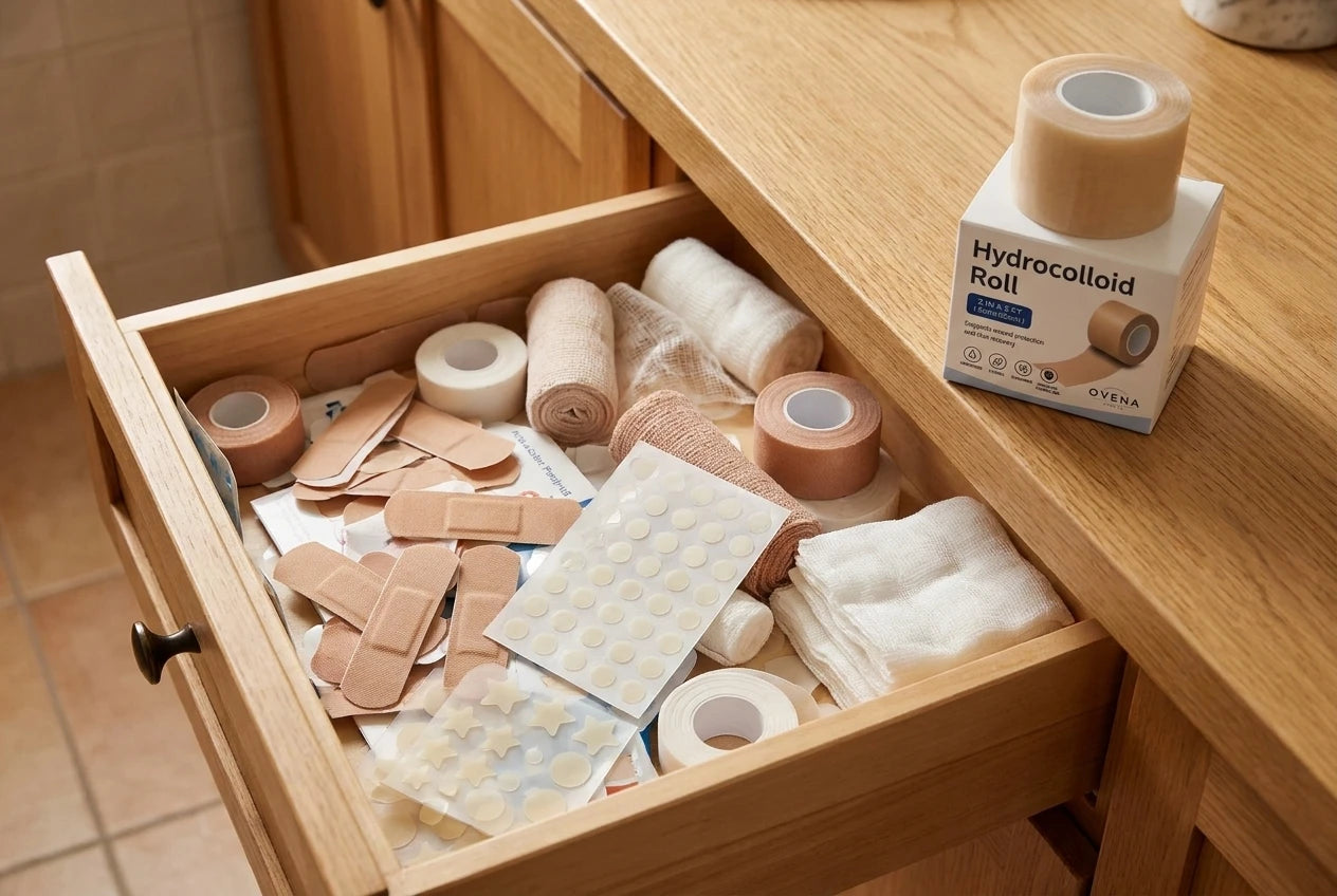 A bathroom drawer crammed with mismatched adhesive bandages, rolled gauze, gauze pads, medical tape and sheets of pimple patches, beside the single intact Ovena Hydrocolloid Roll and its box sitting undisturbed on the counter.