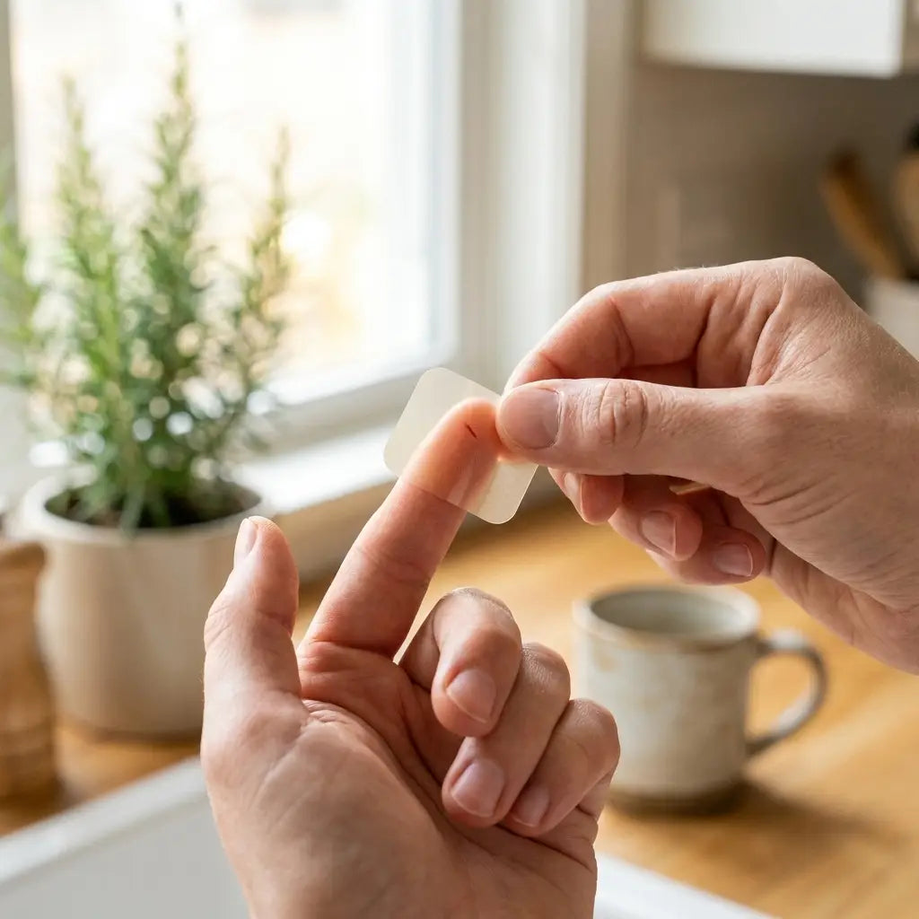 A parent applying a cut hydrocolloid piece to a child's knee at the kitchen counter.