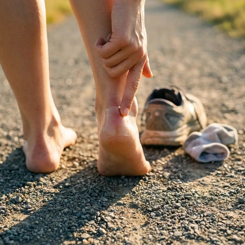 A runner pressing a hydrocolloid patch onto a heel friction spot on a gravel trail.