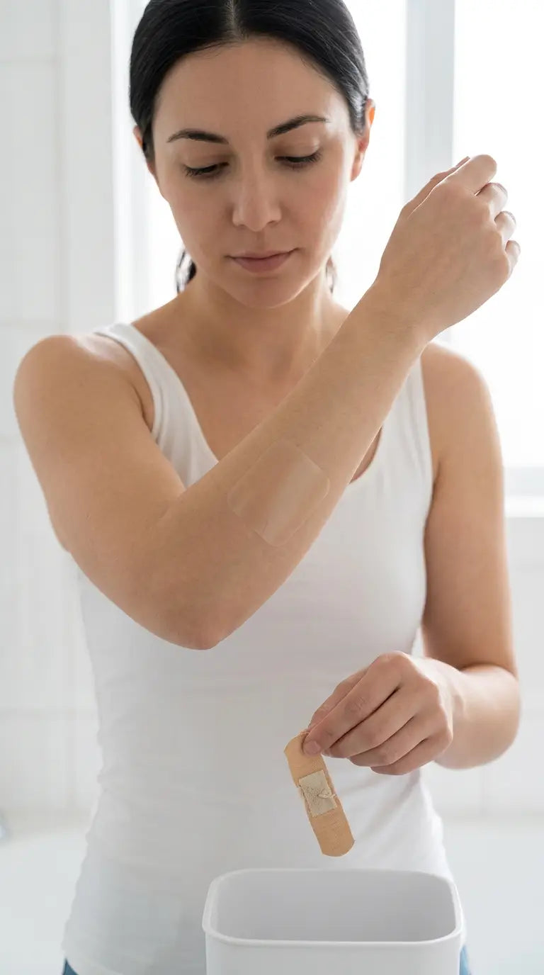 A sheer hydrocolloid piece sealed flat on skin, shown against a regular adhesive strip.