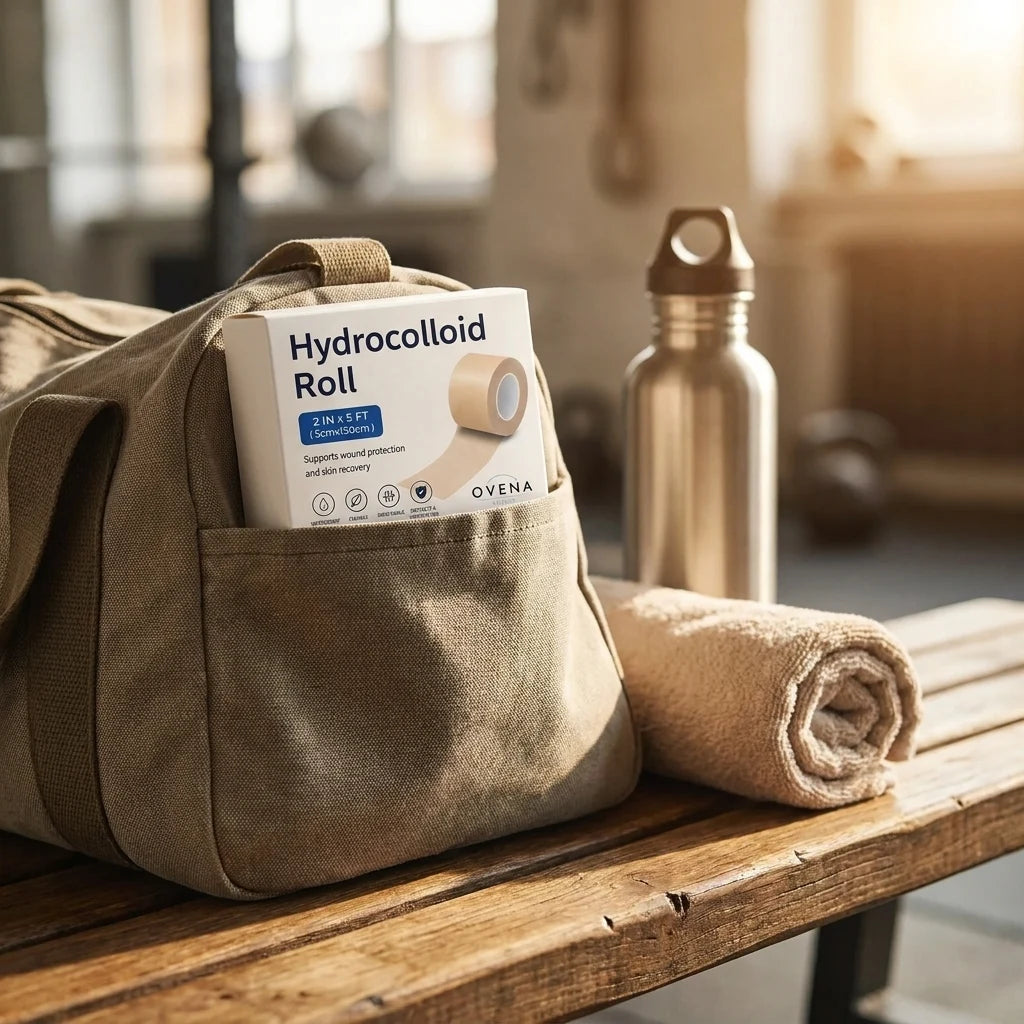 The Hydrocolloid Roll box tucked into a gym bag beside a water bottle.