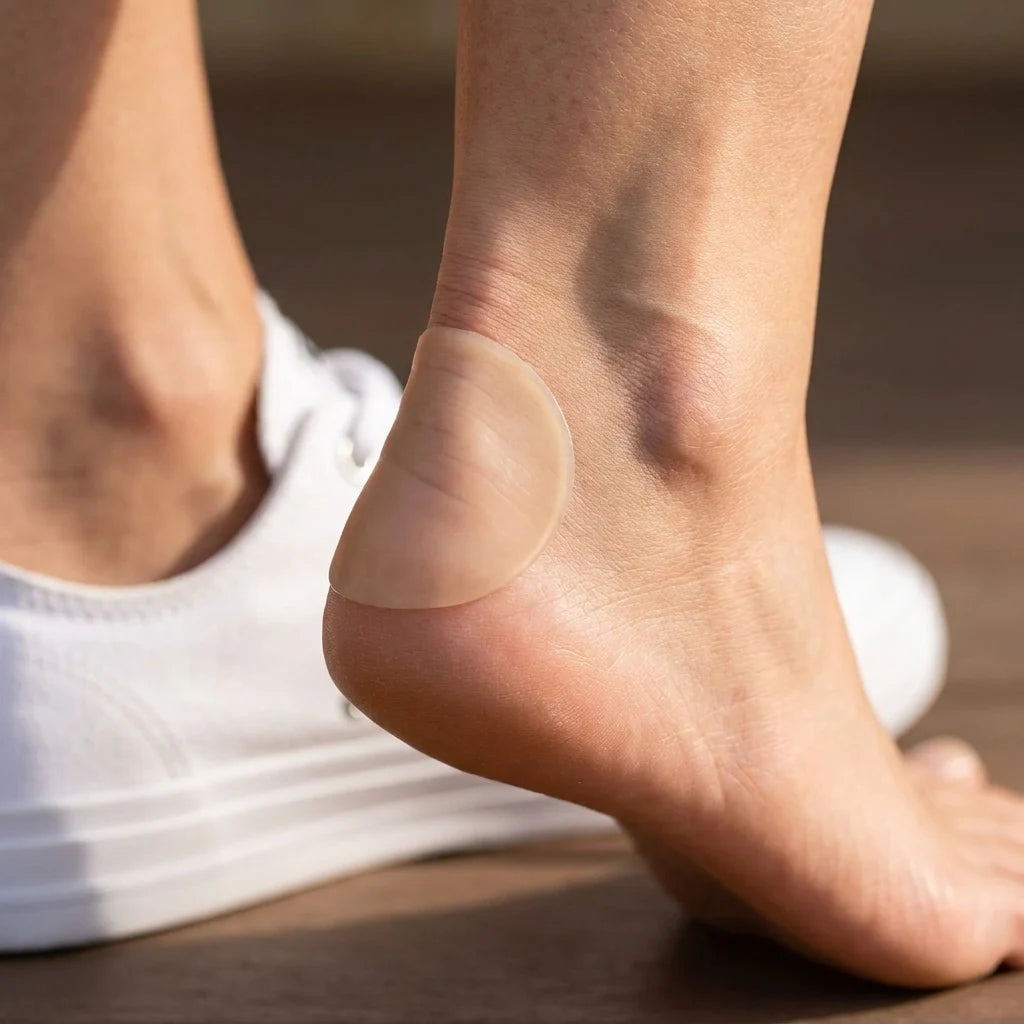 A hydrocolloid piece sealed over the back of a heel where the shoe rubs.