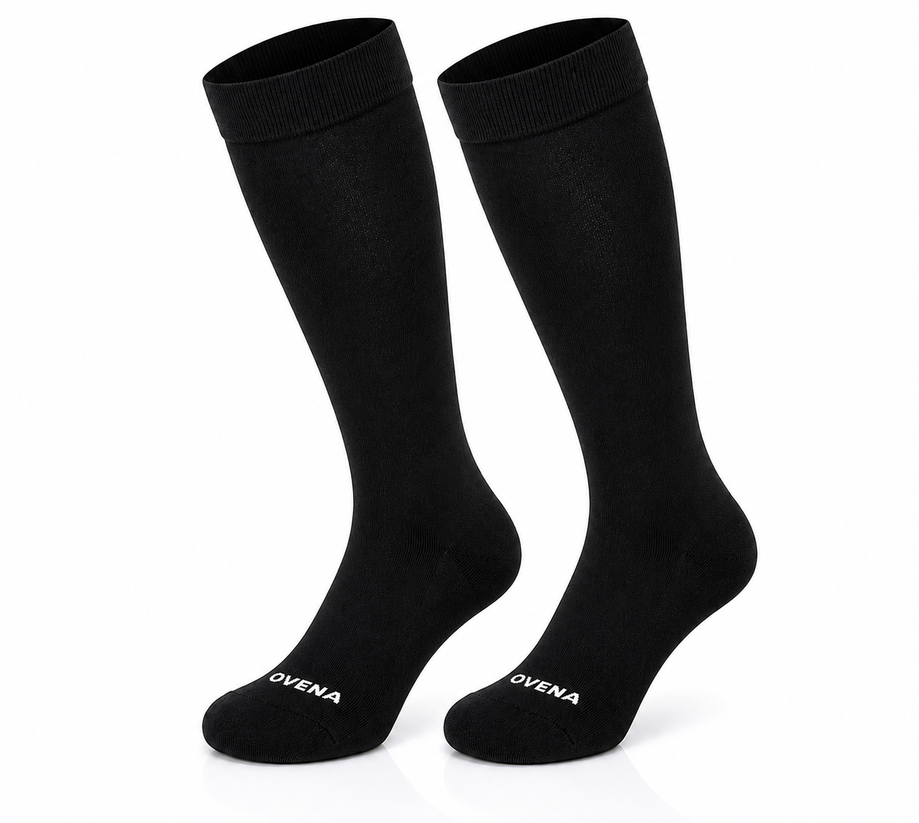 A pair of black knee-high compression socks with OVENA knitted across the toe.