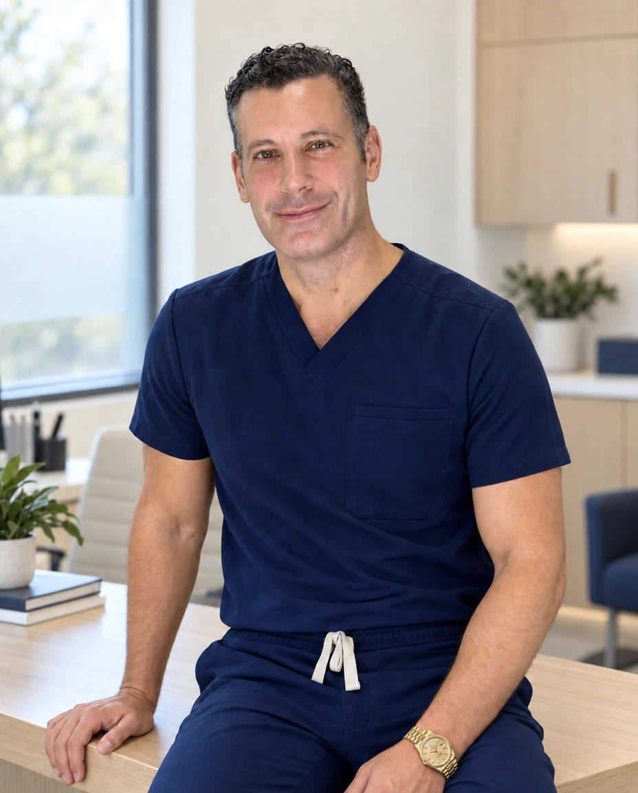 David Chahine, MD — Medical Director of Ovena Health, wearing navy scrubs