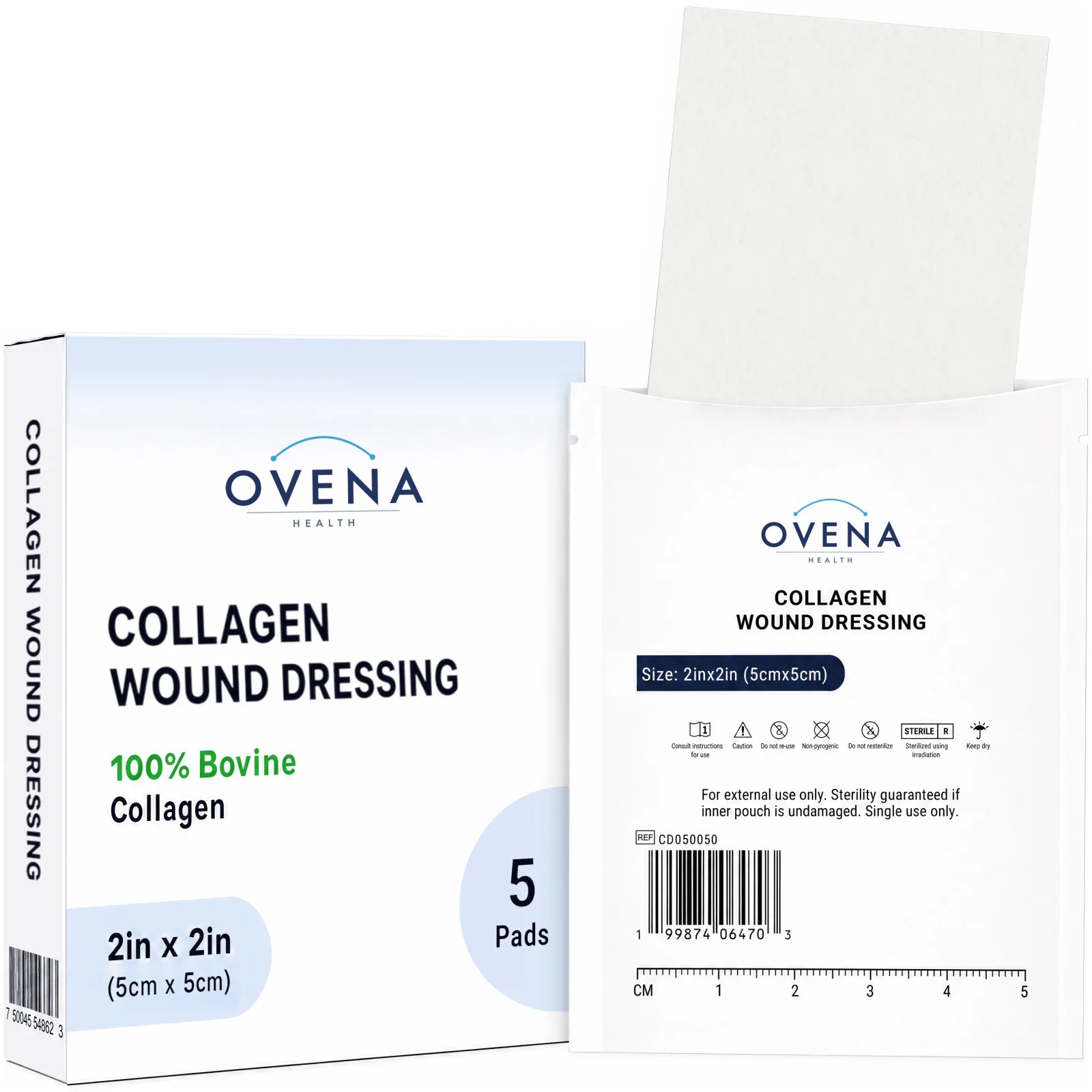Ovena Health Collagen Wound Dressing 2 in × 2 in, box and sealed pouch.
