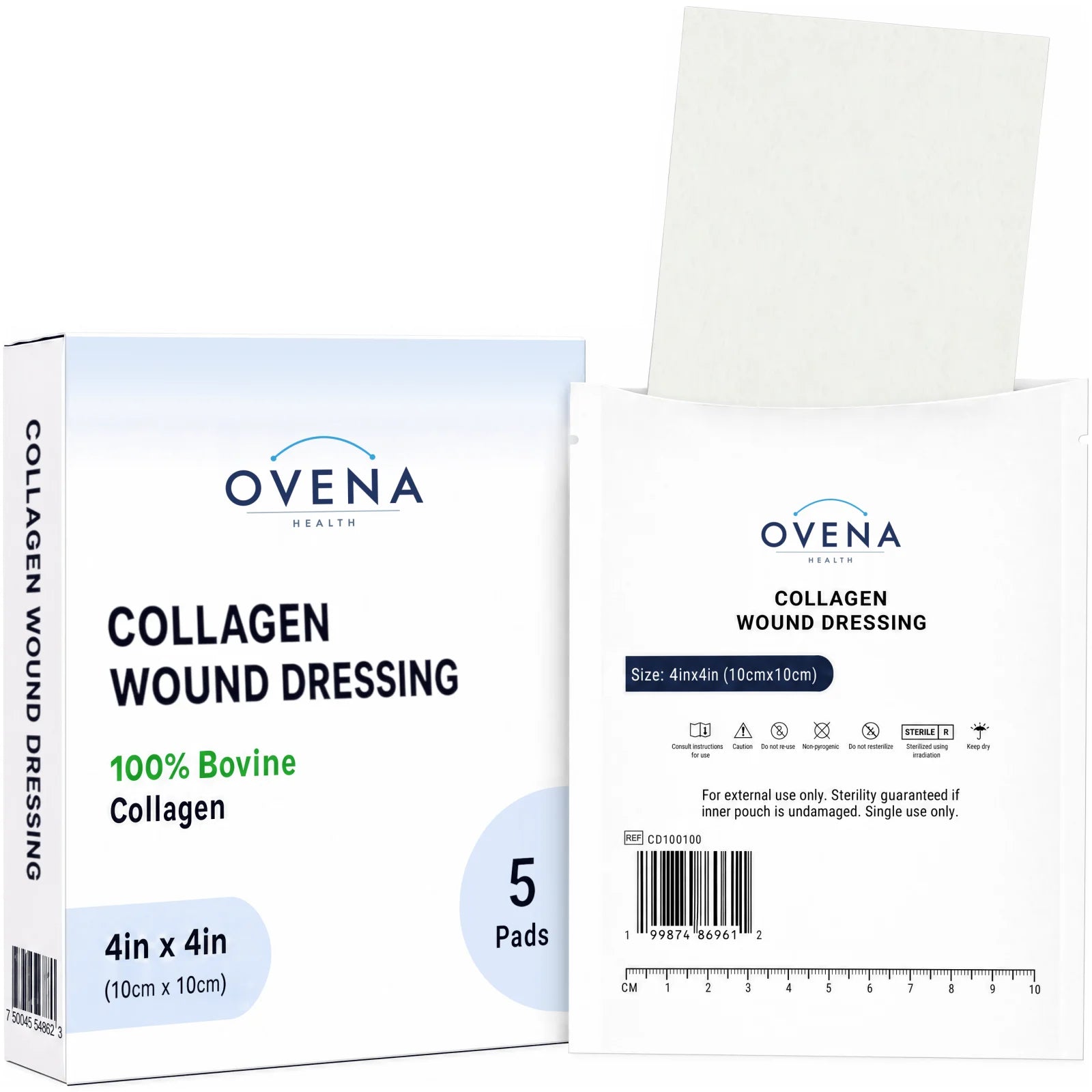 Ovena Health Collagen Wound Dressing 4 in × 4 in, box and sealed pouch.