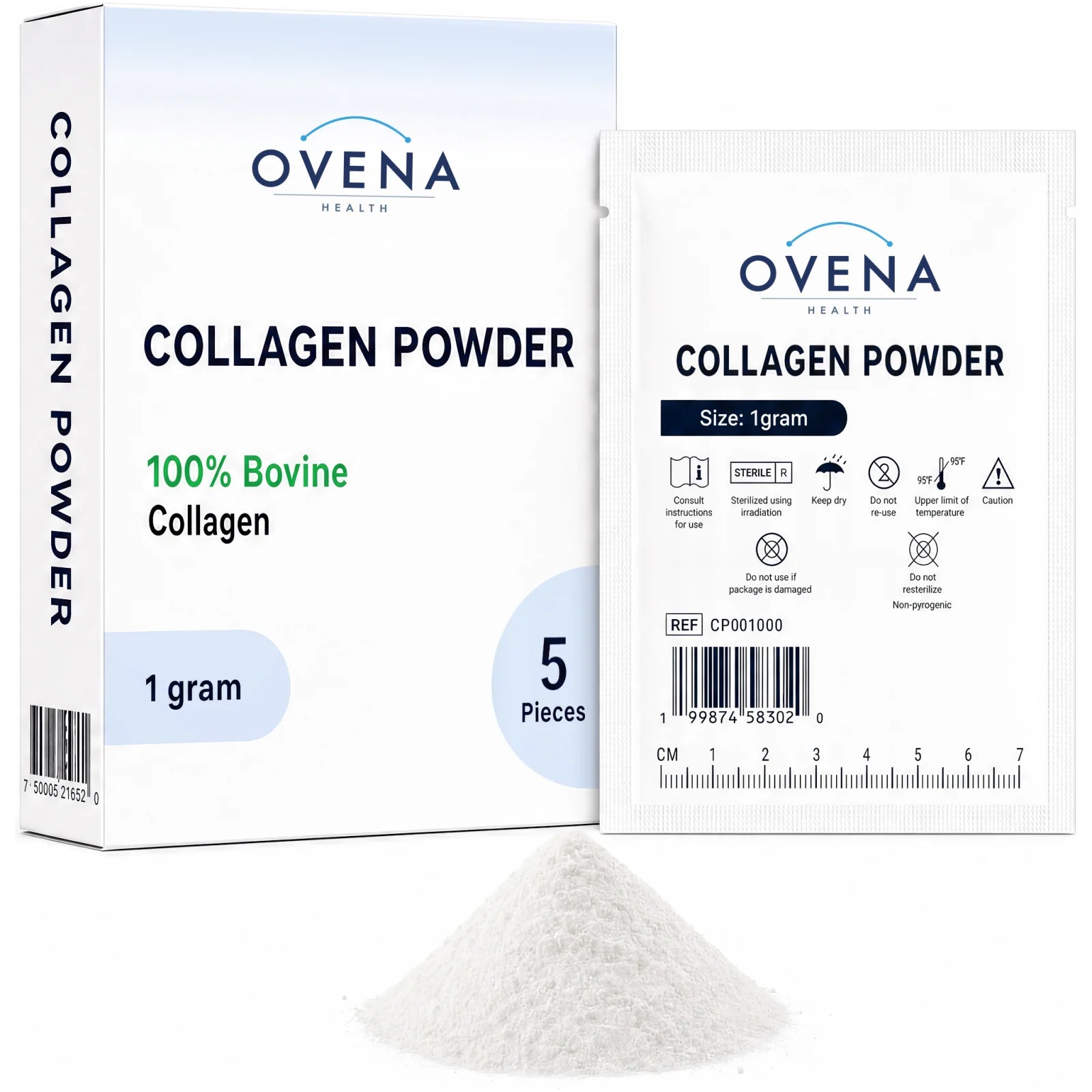 Ovena Health Collagen Wound Powder box with a sealed 1 gram sachet and a small pile of collagen powder.