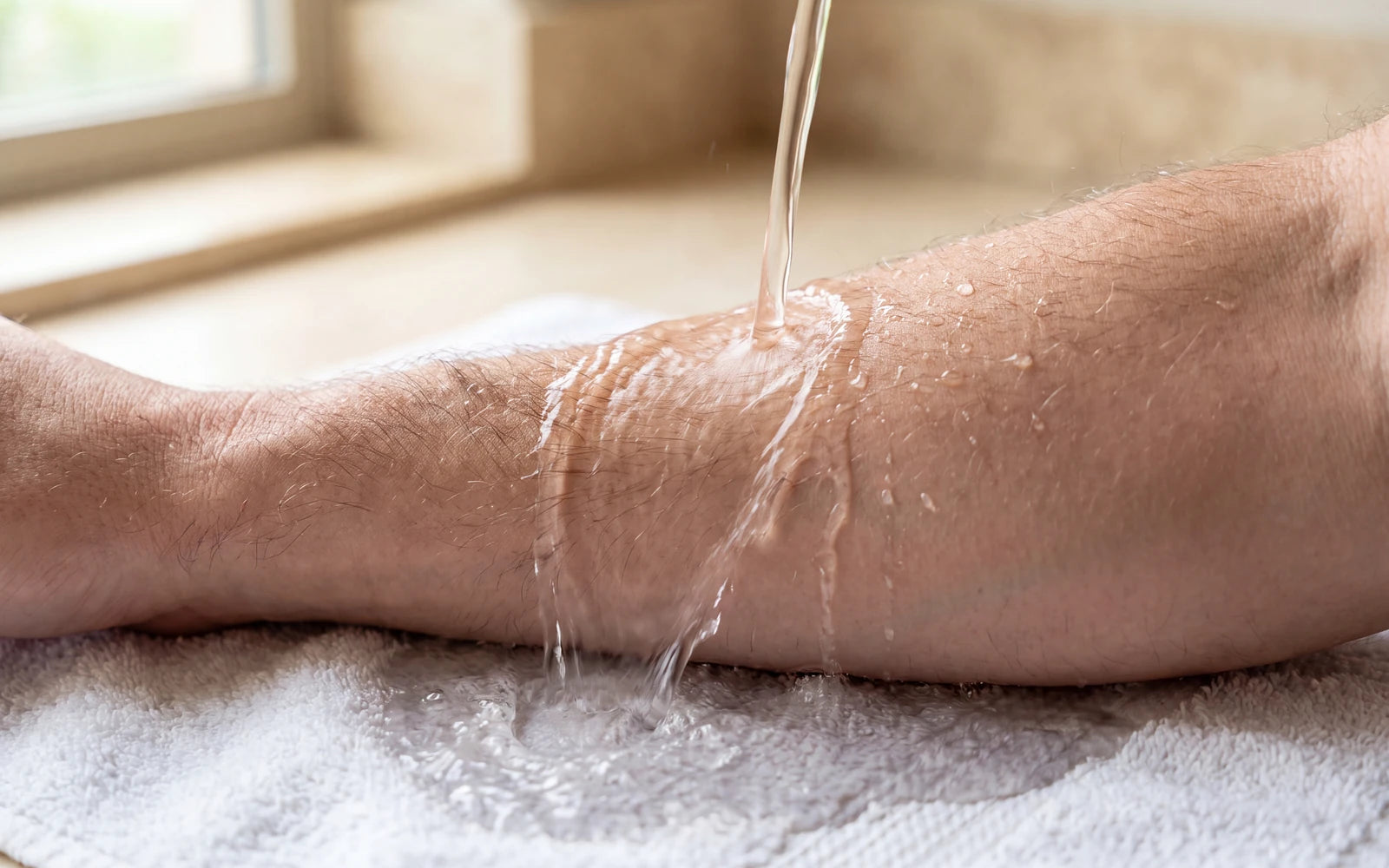 Saline poured from a Care Wash ampoule over a forearm resting on a white towel